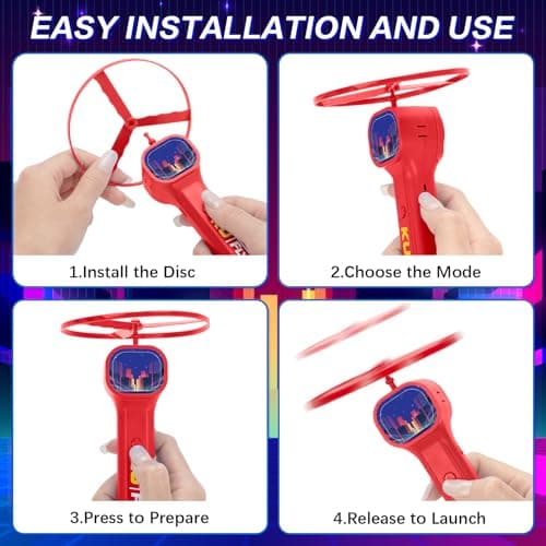 HOMQYTE Rechargeable Disc Launcher with 6 Flying Spinners for Outdoor Activities Game White Elephant Gift Fidget Toys (Red) - Thumbnail 4