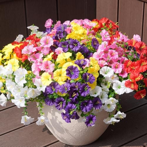 maxkes Artificial Flowers for Outdoors, UV Resistant Fake Silk Morning Glory, Realistic Faux Plants for Outside Porch Patio Window Box Hanging Planter (12, Purple White Yellow Pink Red)