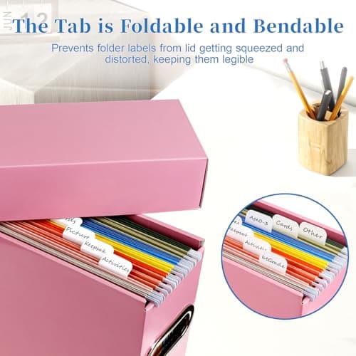 Naleyber File Organizer Box with Lid & Handle, Thickened Cardboard Hanging File Folder Storage Boxes for Letter Size, Portable Filing Organizer for Office, Home, Classroom, Pink 2 Pack - Thumbnail 3