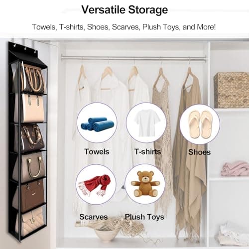 Lirex Over The Door Purse Organizer & Purse Shelf for Closet – Handbag Storage Organizer with Purse Hanger. Perfect for Scarves, Hats, and Leggings. L (15.7'' x 5.7'' x 68''), Black - Thumbnail 5