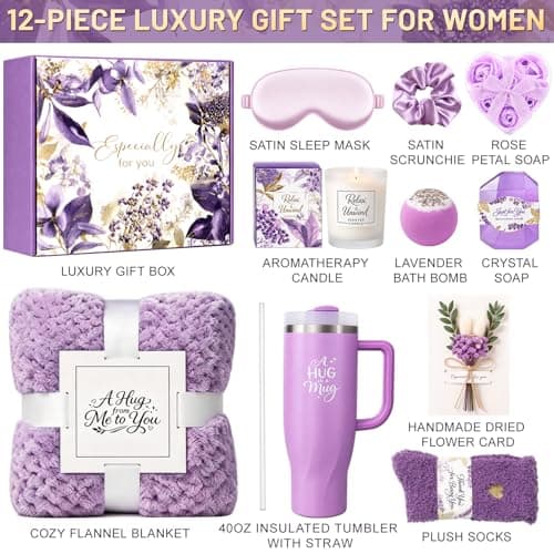 BodyRefresh Birthday Gifts for Women, 12-Piece Gift Basket with 40oz Tumbler & Soft Blanket, Luxury Spa Gift Set for Mom Wife Her, Thinking of You Gifts & Get Well Soon Gift Basket - Thumbnail 2