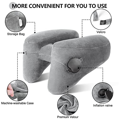 Sunany Neck Pillow for Travel Inflatable Airplane Pillow Comfortably Supports Head, Neck and Chin, Inflatable Travel Pillow with Soft Velour Cover and Portable Drawstring Bag (Grey) - Thumbnail 3