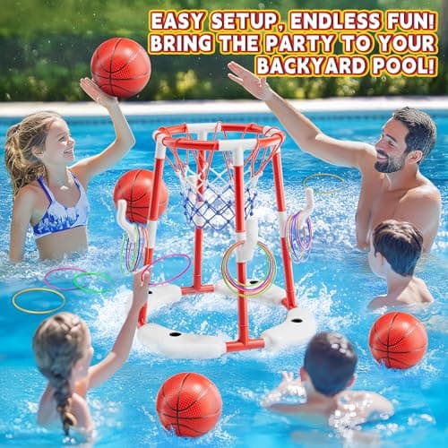 Pool Basketball Hoop for Kids Ages 4-8 & 8-12 - Floating Game Set with Water-Fillable Base, Pump, Toss Targets & Sticky Balls, Pool Games Backyard Swimming Pool Toys for Outdoor Summer Family Fun - Thumbnail 5