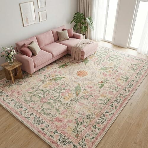 Cnythlis 0.26" Low Pile Washable Area Rug 8'x10' - Water Resistant Faux Wool Carpet for Living Room Bedroom - Foldable Lightweight Bohemian Rug for Kids & Pets - Silicone Non-Slip Garden Pink Decor - Image 1