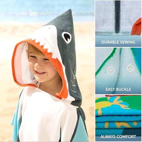 Joiedomi Kids Beach Towels with Hood for 3-10 Years Boys Girls Shark Hooded Toddler Bath Towel Poncho Absorbent Quick Dry Soft Microfiber Swim Robe with Backpack Lightweight 30"x30" for Beach Pool - Thumbnail 4