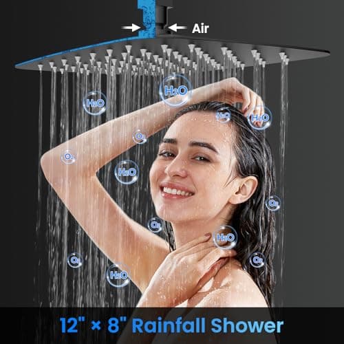 Orovessina Shower Faucet Set, 12" Ceiling Mount Rainfall Shower System with 2 Rain Shower Heads, 2-in-1 Handheld, Solid Brass Pressure Balancing Shower Valve and Trim Kit, Matte Black - Thumbnail 3