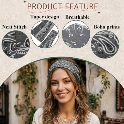 Tobeffect Headbands for Women Boho Bandana Headband: Wide Head Bands for Women's Hair Non Slip for Summer Beach, Fashion Thick Hairband 8 Pack - Thumbnail 4