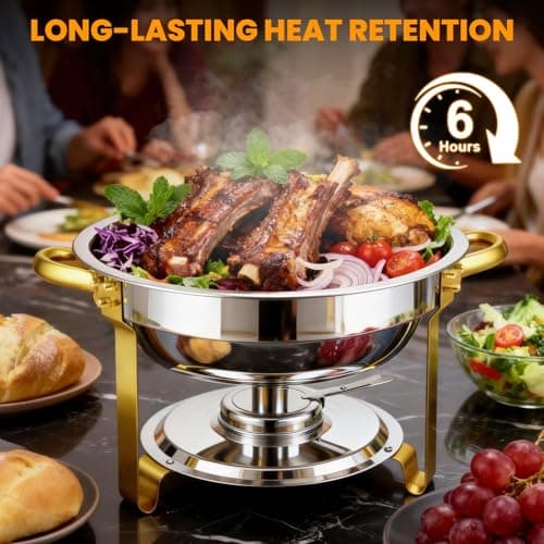 POWERFUEL Chafing Dishes for Buffet 4 Pack, 6QT Round Chafing Dish Buffet Set for Parties, Gold Stainless Steel Buffet Servers and Warmers with 4 Serving Tongs, Food Warmers for Christmas Gatherings - Thumbnail 3