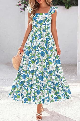 dowerme Womens Summer Dresses 2026 Ruffle Sleeve Square Neck Floral Boho Midi Dress Spring Smocked Beach Party Sundress(Floral Blue Green,X-Large) - Thumbnail 2