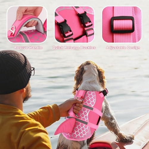 Dogcheer Dog Life Jacket Shark, Neoprene Harness Dog Life Vest with Lift Handle, Reflective Adjustable Pet Swim Float Vest for Small Medium Large Dogs - Pink Scales, M - Thumbnail 5