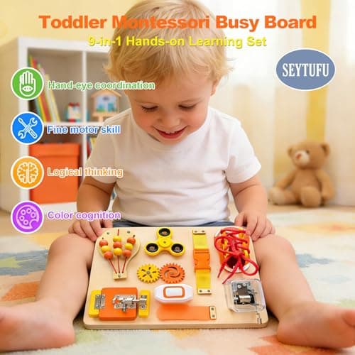 SEYTUFU Montessori Busy Board for Toddlers, Wooden Sensory Toys Autistic Children, Travel Toys for Educational Fidget Board with Switches & Music Boxes, Fidget Spinner, Locks for 3+ Year Kids Gifts. - Thumbnail 2