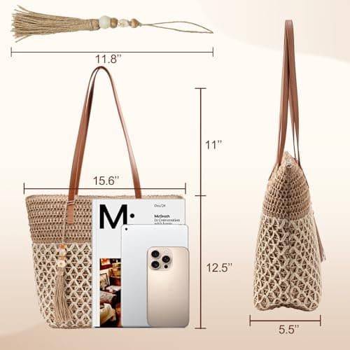 iSamzan Straw Tote Bag for Women: Handwoven Beach Purse with Cutout Design for Travel & Pool Day - Thumbnail 5