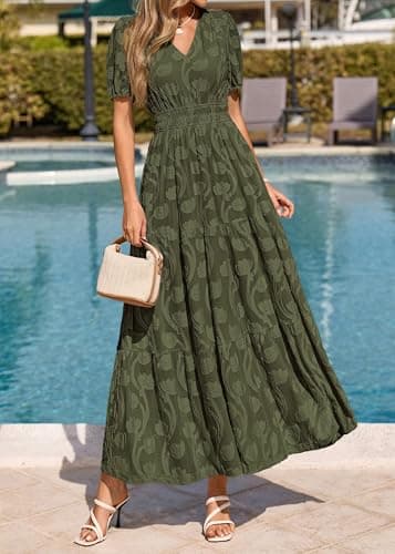KIRUNDO Summer Dresses for Women 2026 Boho Flowy Casual Short Sleeve V Neck Elastic Waist Floral Long Baby Shower Maxi Dress(Army Green, Large) - Thumbnail 2