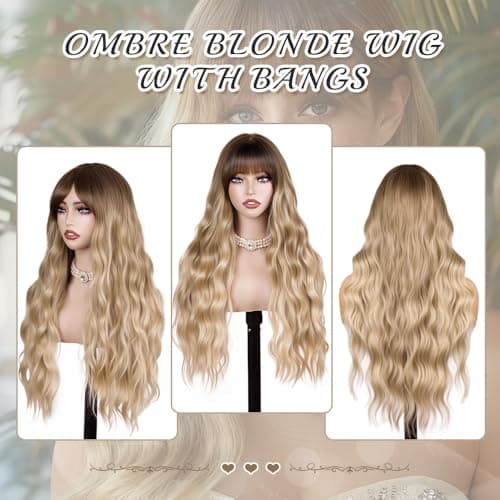 Potoki Ombre Blonde Wig With Bangs Natural Looking Long Curly Wavy Synthetic Wigs For Women Heat Resistant Synthetic Fiber Wigs for Daily Party Use 26 Inches(Ombre Dirty Blonde) - Thumbnail 5
