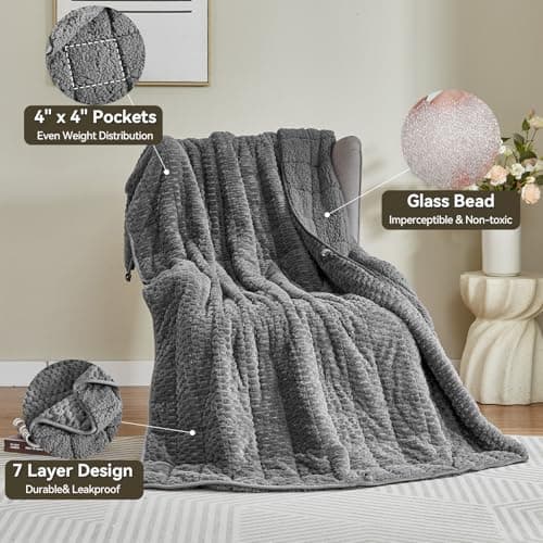 Weighted Blanket Queen Size for Adults,15lbs Jacquard Sherpa Heavy Blanket for Calming and Relax, Dual Sided Ultra Soft Fuzzy Throw Blanket with Glass Beads, 48" x 72" 15lbs, Dark Grey - Thumbnail 6