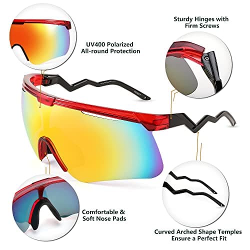 FEISEDY Sunglasses for Men and Women, Polarized Large Retro Rimless Glasses for Baseball, Cycling, Sports (B4073, Transparent Red Frame/Red Mirror) - Thumbnail 5