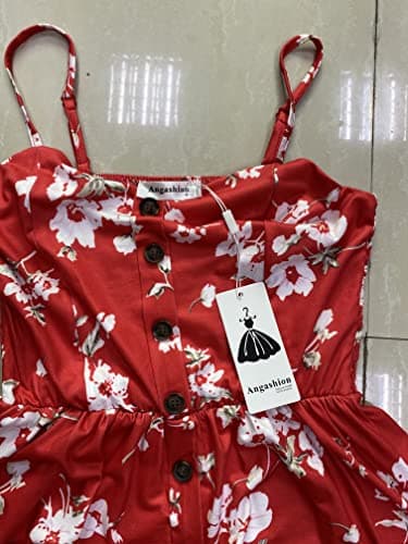 Angashion Women's Dresses-Summer Floral Bohemian Spaghetti Strap Button Down Swing Midi Dress 0860 Red L - Thumbnail 3