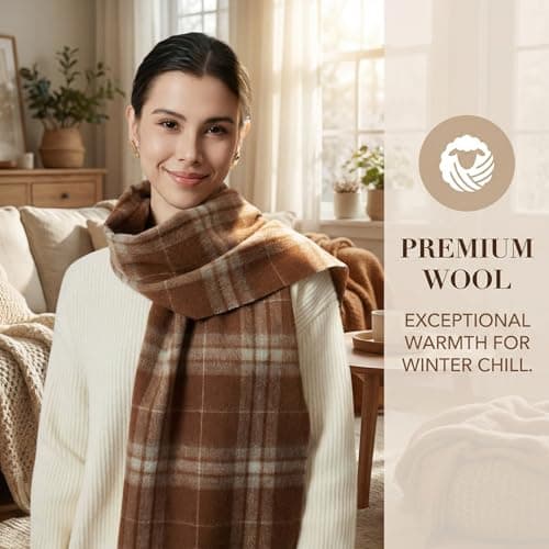 BSHITWO Soft Plaid Scarf for Women, Warm Wool Blend Tassel Scarf, Year Round Cozy Daily Wrap Shawl, Indoor Lounge Accessory, Ideal Gift for Women, Coffee Candy - Thumbnail 5