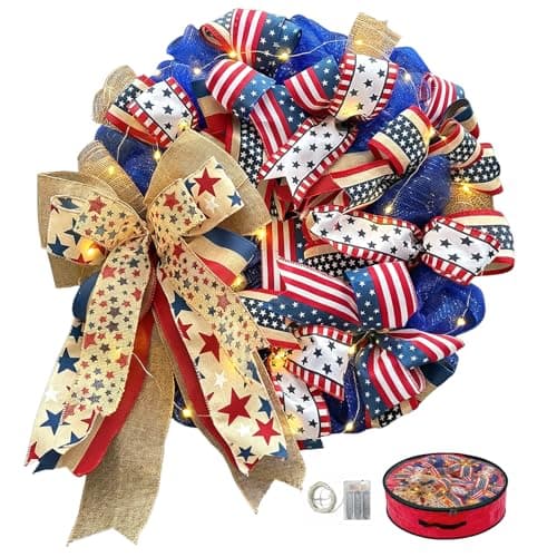 Presentastic 250th Anniversary Patriotic Wreath for Front Door, 24 Inch Large 4th of July Decorations, Handcrafted Ribbon Burlap Bow, Red White and Blue Memorial Day Wreath with Lights & Storage Bag
