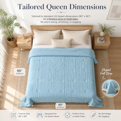 Fuzzysense Cooling Comforter Queen Size – Q-Max 0.4 Seersucker Reversible Cooling Blanket, Lightweight Breathable Summer Quilt for Hot Sleepers & Night Sweats, Ice Blue - Thumbnail 6
