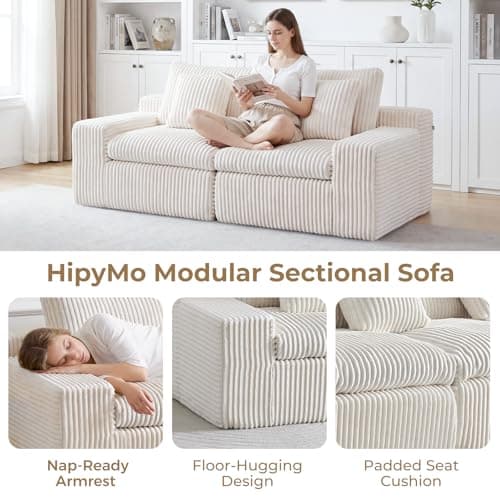 HipyMo 75" Boneless Cloud Couch, Modular Sectional Sofa 2 Seater with Wide Armrests and Throw Pillows, Deep Seat Sectional Couches for Living Room, 35D High-Density Foam, No Assembly Required, Beige - Thumbnail 4