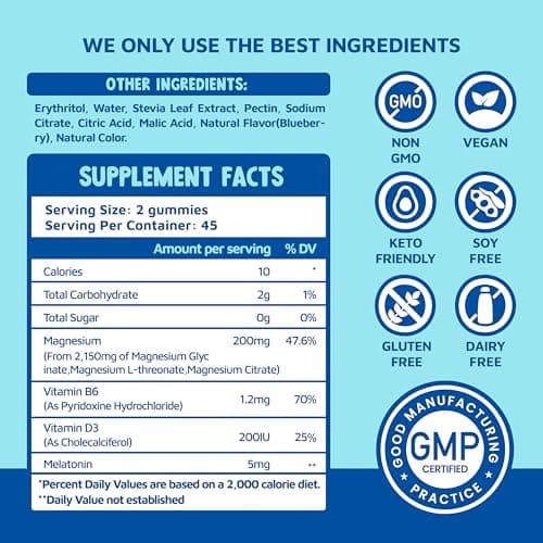 Magnesium Glycinate Gummies 2150 mg with Melatonin 5mg for Adults Sleep Support, Stress Relief, Blueberry Gummies 90 CT - Thumbnail 6