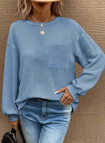 Dokotoo Women's Fashion Clothing Clothes Womens Tops 2026 Spring Long Sleeve Tops Waffle Top for Women Crewneck Sweaters Trendy T Shirts Casual Womens Basic Shirts Dusk Blue - Thumbnail 2