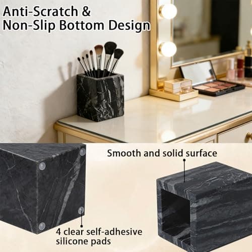 Natural Marble Toothbrush Holder: Pen Holder - Makeup Brush Holder - Marble Organizer for Vanity- Cup for Bathroom - Office & Home Countertop Organizer - Desk Organizer - Dark Gray - Thumbnail 3