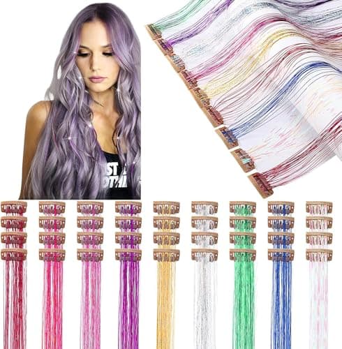 Hair Tinsel 12Pcs Clip in Hair Tinsel Extensions 20.5 Inch Fairy Hair Tinsel Kit for Girls Women Kids Glitter Hair Accessories for Christmas Halloween Cosplay Party (Lake Blue) - Thumbnail 2
