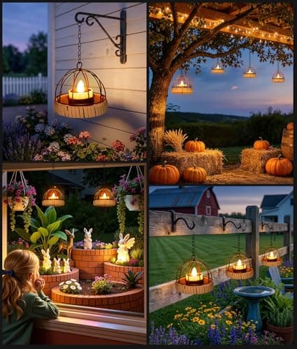 KOOPER Hanging Solar Lanterns Outdoor Waterproof, 4 Pack Flickering Solar Powered Tea Lights, Rust Iron Ball Candle Holder Hanging Solar Lights for Backyard Garden Patio Yard Fence Tree Decoration - Thumbnail 4