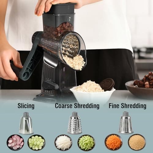 Spylandy Rotary Cheese Grater, 3-in-1 Manual Vegetable Slicer with Handle, Safer Kitchen Mandoline Shredder with Suction Base for Cheese, Nuts, Potatoes & Salads – Easy to Clean (Smoke Grey) - Thumbnail 5