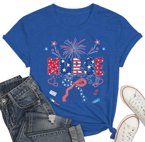 Vrytw Patriotic Nurse Shirt Women-Cute American Fireworks Bows Short Sleeve 4th of July Nurse Shirts B-Blue - Image 1