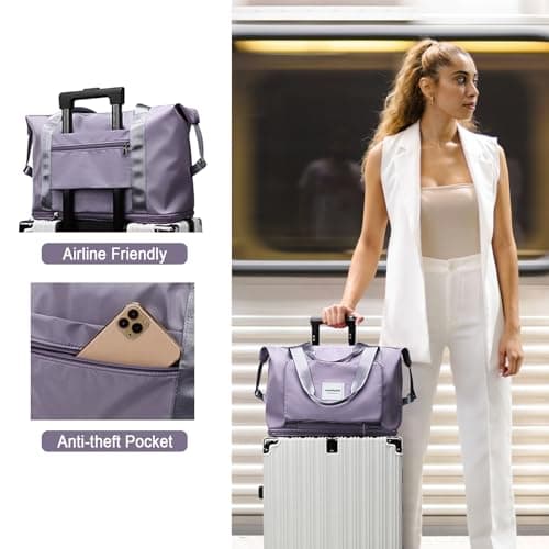 WOOMADA Foldable Travel Duffel - Women's Weekender & Gym Bag, Expandable Space, Airplane Carry-On, Wet Pocket & Trolley Sleeve, Lightweight (Lilac) - Thumbnail 5