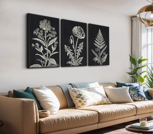 Large Framed Botanical Wall Art, Minimalist Floral Canvas Prints, Black and White Farmhouse Plant Artwork Flower Pictures for Living Room Bathroom Bedroom Office Décor 24"x36"x3Pcs - Image 1