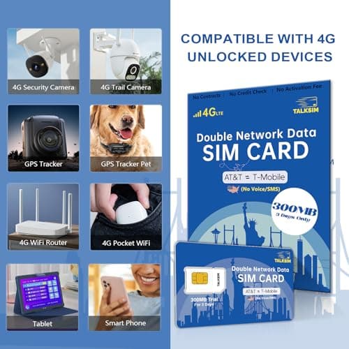 Prepaid 5G/4G LTE Data SIM Card Support AT&T, T-Mobile Network, USA Data Only SIM Card for Unlocked Security Cameras/Smart Phone/Tablet/Mobile WiFi Hotspot/Smart Watch, No Contract - Thumbnail 5