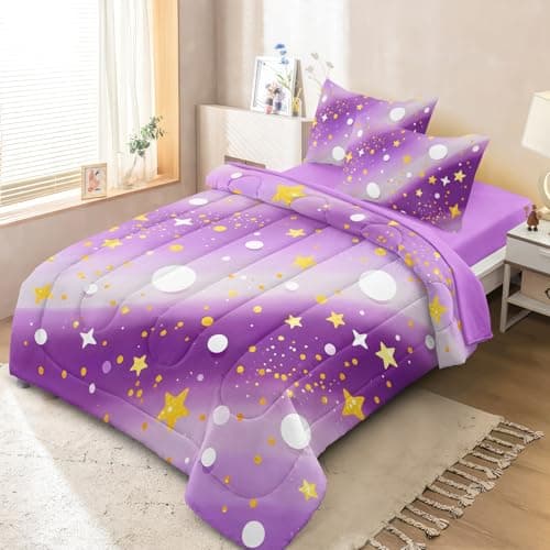 HICAND 5 Pcs Twin Bedding Sets for Girls, Purple Glitter Rainbow Bed in A Bag Twin Size Bed Set, Stars Galaxy Bedding Comforter Set for Girls - Thumbnail 5