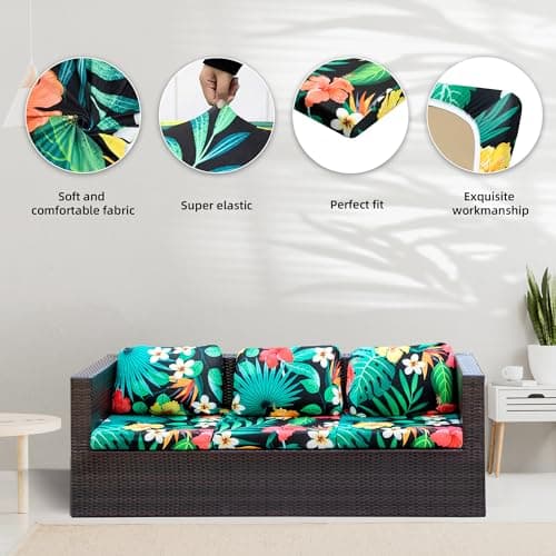8Pcs Stretch Patio Cushion Covers,Outdoor Couch Covers Replacement,Outdoor Couch & Sofa Slipcovers,for Patio Furniture Cushion Covers,Washable Reusable Furniture Protector (Floral Leaf,Cover Only) - Thumbnail 3