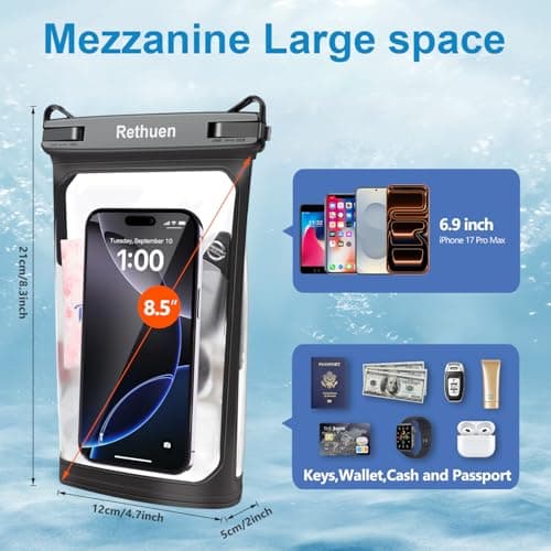 Large Waterproof Phone Pouch, 2Pack Floating Waterproof Bag for iPhone 17 16 15 Pro Max Galaxy S26 S25 S24 Ultra All Phones, Cell Phone Dry Bag for Beach Swimming Rafting Boating (Black + Black) - Thumbnail 2