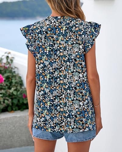 Zenlonr Womens Dressy Casual Tops 2026 Summer Ruffle Cap Sleeve V Neck Shirts Boho Floral Blouses Vacation Outfits(Floral Black Blue,XX-Large) - Thumbnail 3