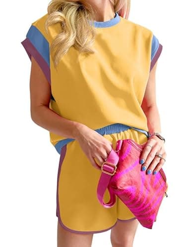 SHEWIN Summer Women Color Blocking Two Piece Short Sets Crewneck Cup Sleeves Pocket Workout Tracksuit Casual 2 Pcs Clothes Lounge Matching Outfits 2026 Trendy Vacation Clothing Size L, Yellow - Image 1