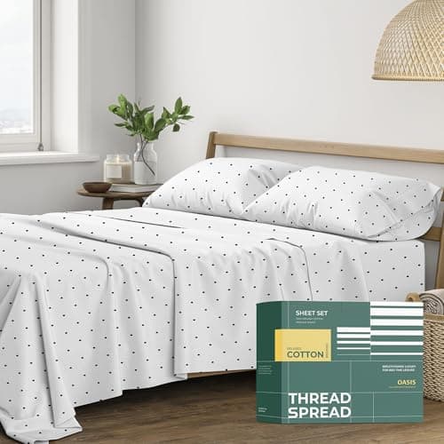 THREAD SPREAD 100% Organic Cotton Sheets Twin XL Size - Organic Cotton Percale Weave Sheet Set (3 PC, Navy Polka Dot), Soft, Cooling, Crisp & Breathable, 16" Deep Pocket Hotel Quality Bedding Set - Image 1