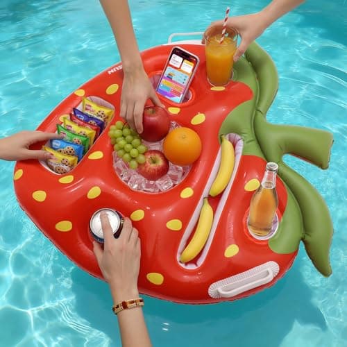 AURASUN Inflatable Strawberry Floating Tray with Drink Holders & Phone Slot for Pool, Beach, Lake, Hot Tub and Boats - Food & Drinks Float with Handles (RED) - Thumbnail 2