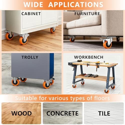 ASRINIEY Caster Wheels, 2" Casters Set of 4 Heavy Duty - Locking Casters Orange Polyurethane Wheel, Swivel Plate Caster with Brake, Non-Marking Castor Wheels for Carts Furniture and Workbench - Thumbnail 6