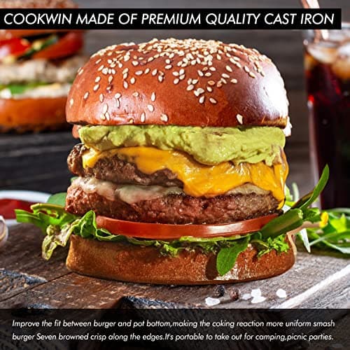 COOKWIN 6" Cast Iron Smashed Burger Press Kit, Heavy-Duty Hamburger Smasher with Non-Slip Handles and 50 pcs Patty Paper, Bacon Meat Weight Press for Steak, Smashburger, Grill and BBQs - Thumbnail 5