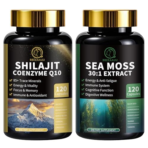 Shilajit for Men, Sea Moss and Shilajit Bundle, All in 1 Supplements with Coenzyme Q10, Black Seed, Ashwagandha, Taurine, Burdock for Energy, Endurance, Antioxidant & Immune Support, 240 Capsules - Image 1