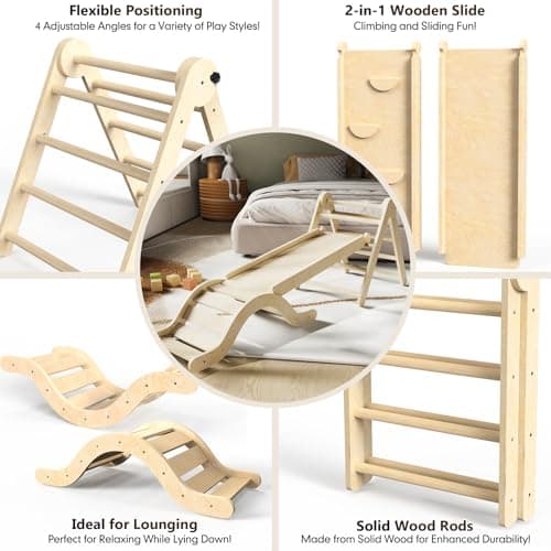 doowroodni Pikler Triangle Set 7in1 Toddler Climbing Toys Indoor Foldable Baby Climbing Toys Wooden Montessori Climbing Set with Arch, Ramp, Ladder for 1-3 Years, Jungle Gym for Kids (Natural) - Thumbnail 6