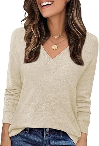 JUSTFASHIONNOW Shirts for Women V Neck Long Sleeve Tunic Tops Business Casual Blouses Ladies Plus Size T Shirts Lightweight Dressy Sweaters Winter Tops (Apricot,Large) - Thumbnail 2