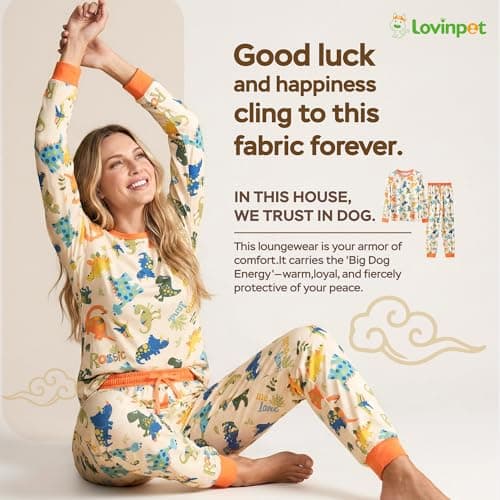 LovinPet Pajamas Set Long Sleeve Sleepwear for Women and Men, Soft Pull-On PJ Loungewear with Pockets, Matching Dog and Owner Pajamas, Dinosaur Print, Orange, 3XL - Thumbnail 4