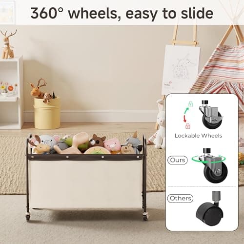 StorageWorks Toy Box with Wheels for Kids, 135L Large Toy Storage Chest and Organizer, 23" Metal Toybox with 360° Swivel Wheels for Bedroom, Kids Room, Stuffed Animal Storage, Beige - Thumbnail 3
