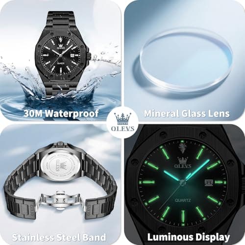 OLEVS Black Watches for Men Luxury Stainless Steel 42MM Big Face Mens Black Watch Dress Casual Waterproof Fashion Watches for Man Quartz Sleek Look for Outdoor Travel Relojes para Hombres - Thumbnail 5